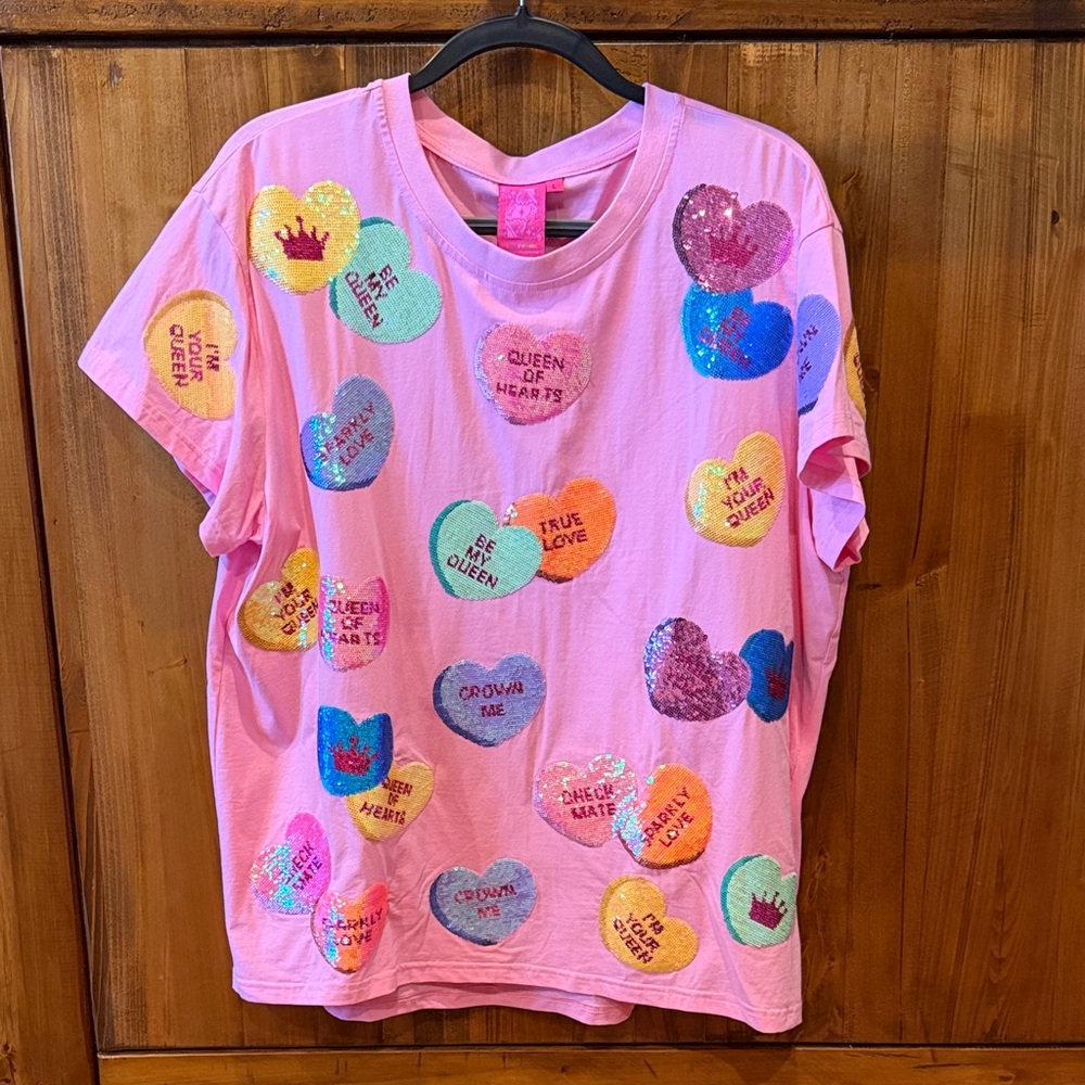 QUEEN OF SPARKLES Pink Short Sleeve Sequin Heart Tee